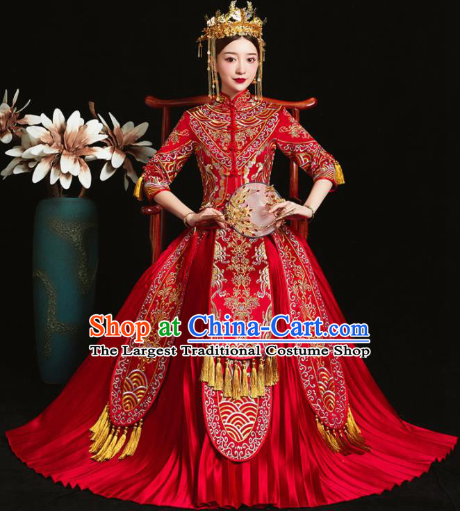 Chinese Ancient Bride Embroidered Red Xiu He Suit Wedding Costumes Blouse and Dress Traditional Bottom Drawer for Women