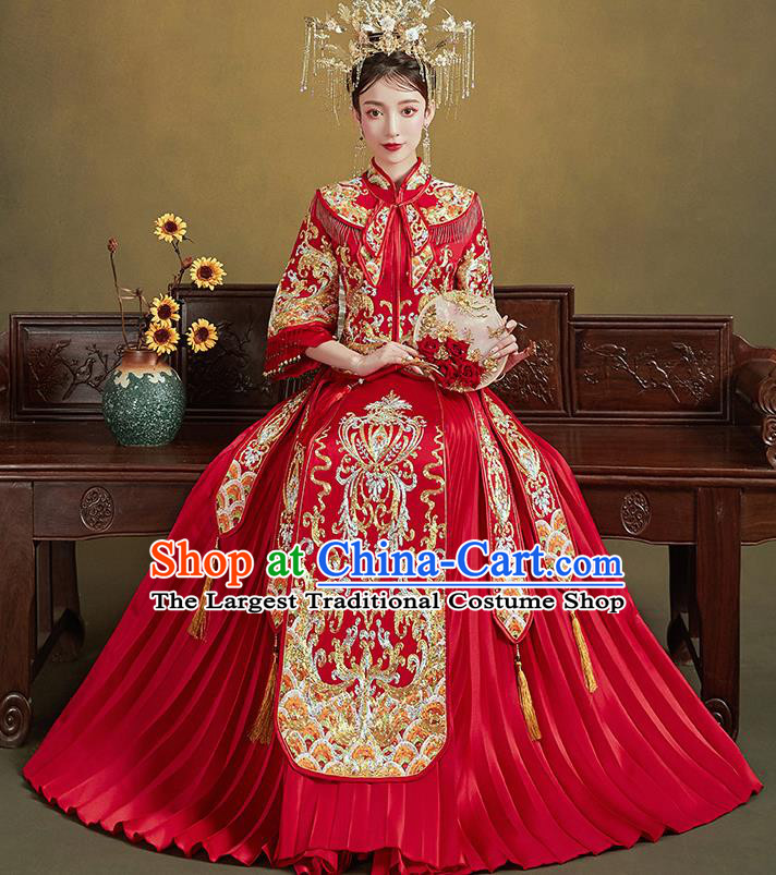 Chinese Ancient Bride Embroidered Drilling Costumes Red Xiu He Suit Wedding Blouse and Dress Traditional Bottom Drawer for Women