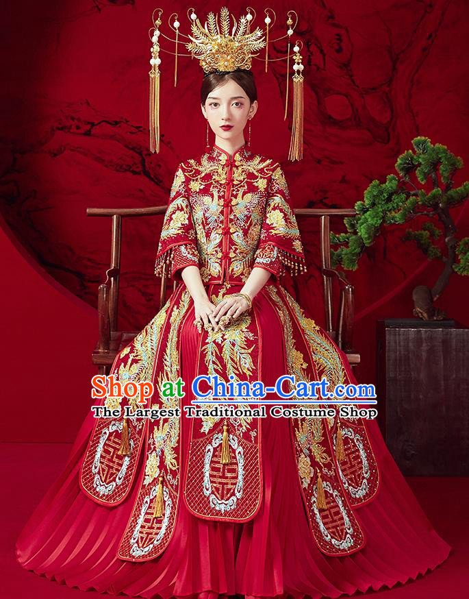 Chinese Ancient Embroidered Drilling Phoenix Blouse and Dress Traditional Bride Red Xiu He Suit Wedding Costumes for Women