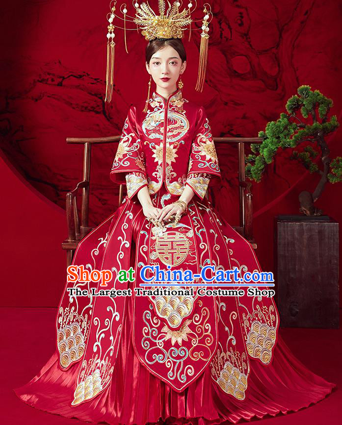 Chinese Ancient Embroidered Phoenix Lotus Blouse and Dress Traditional Bride Red Xiu He Suit Wedding Costumes for Women