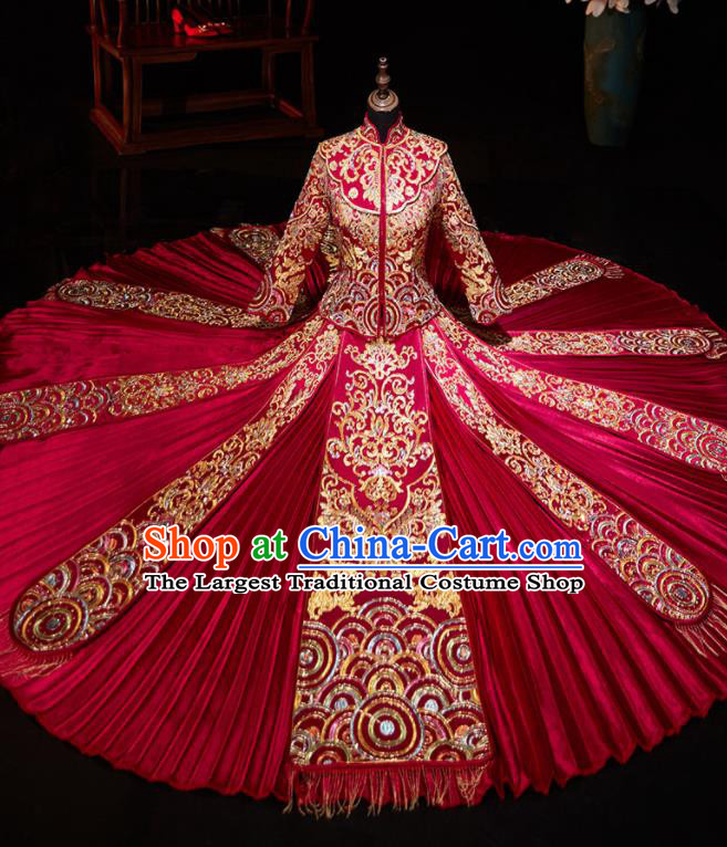 Chinese Ancient Embroidered Drilling Red Blouse and Dress Traditional Bride Xiu He Suit Wedding Costumes for Women