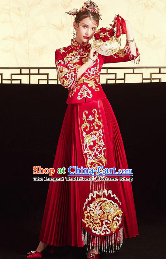 Chinese Ancient Embroidered Peony Blouse and Dress Traditional Bride Drilling Xiu He Suit Wedding Costumes for Women