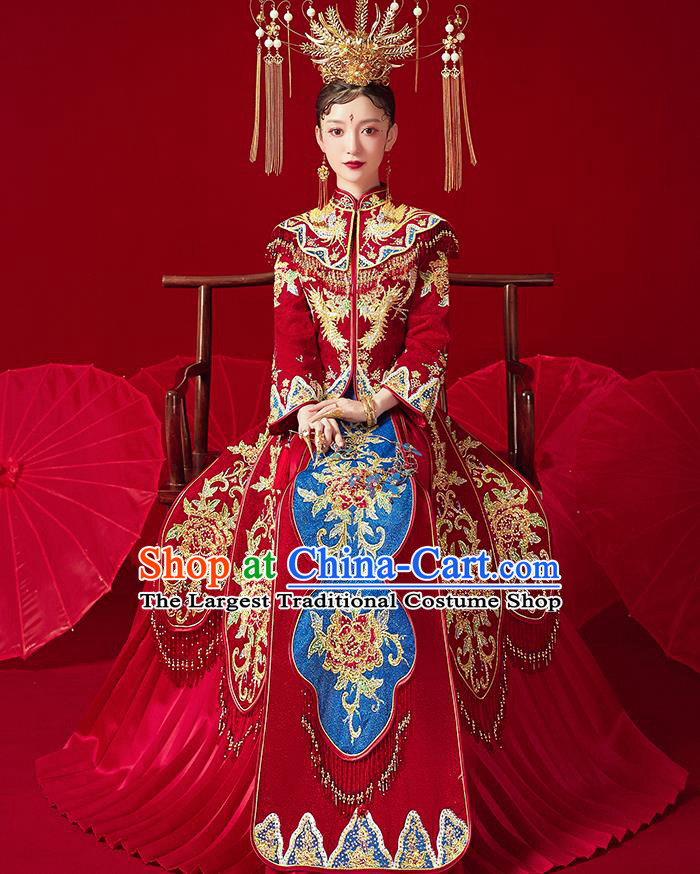 Chinese Ancient Embroidered Phoenix Drilling Peony Blouse and Dress Traditional Bride Xiu He Suit Wedding Costumes for Women