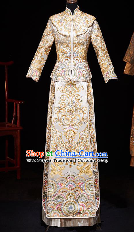 Chinese Ancient Embroidered Drilling Light Golden Blouse and Dress Traditional Bride Xiu He Suit Wedding Costumes for Women