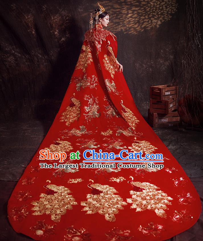 Chinese Ancient Bride Embroidered Peacock Trailing Cape Wedding Costumes Traditional Red Bottom Drawer for Women