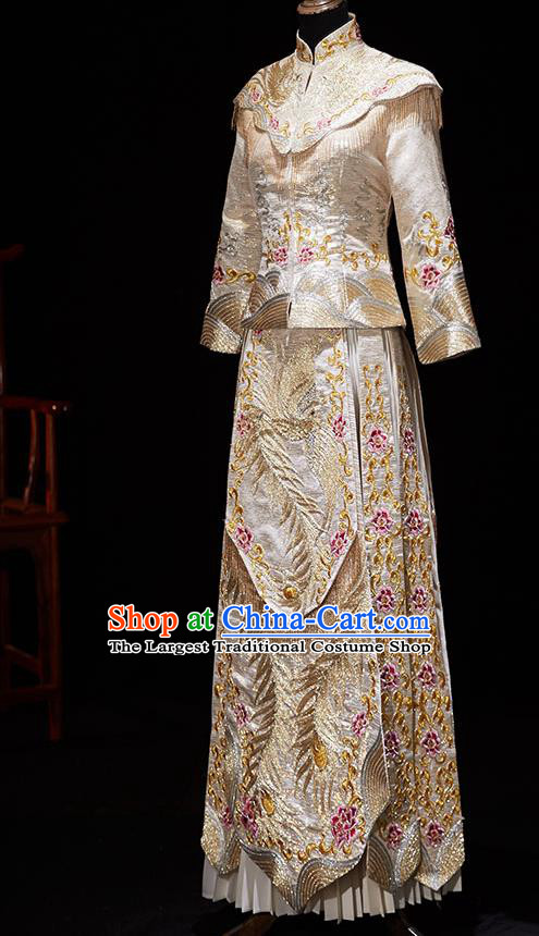 Chinese Ancient Embroidered Phoenix Peony Light Golden Blouse and Dress Traditional Bride Xiu He Suit Wedding Costumes for Women