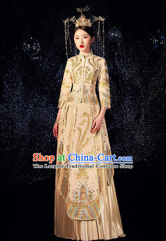 Chinese Ancient Wedding Embroidered Phoenix Golden Blouse and Dress Traditional Bride Xiu He Suit Costumes for Women