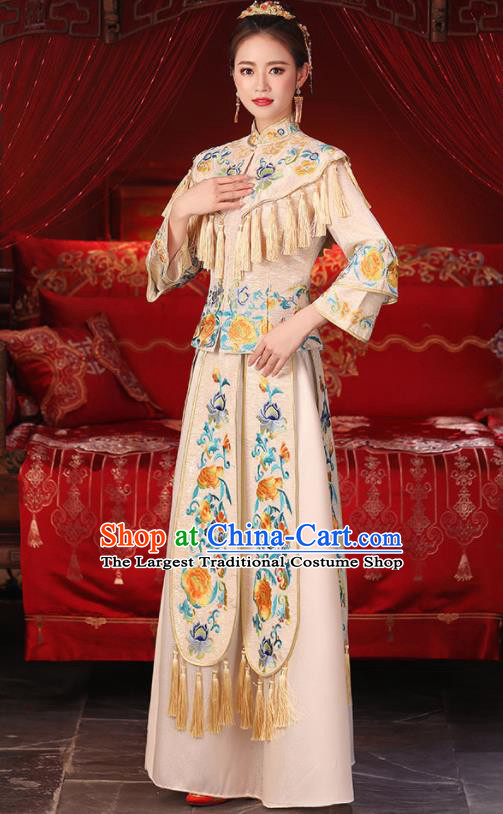 Chinese Ancient Wedding Embroidered Peony Champagne Blouse and Dress Traditional Bride Xiu He Suit Costumes for Women