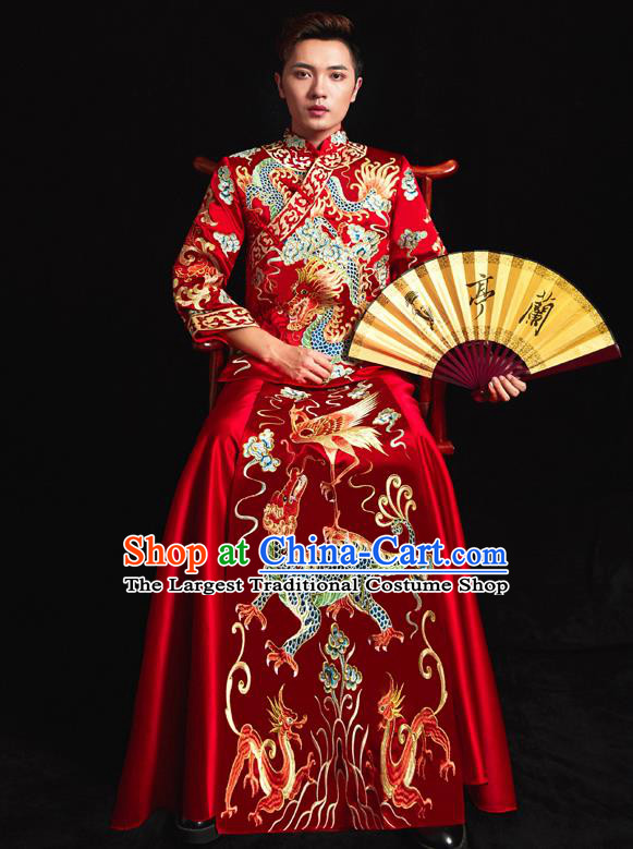 Chinese Ancient Bridegroom Embroidered Dragon Kylin Red Mandarin Jacket and Gown Traditional Wedding Tang Suit Costumes for Men