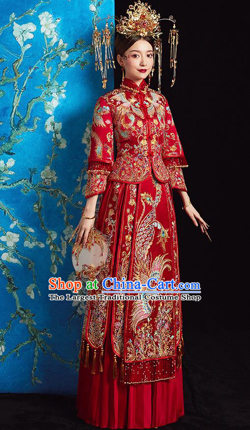 Chinese Ancient Bride Embroidered Phoenix Blouse and Dress Diamante Xiu He Suit Wedding Costumes Traditional Red Bottom Drawer for Women