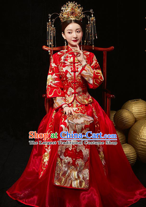 Chinese Ancient Bride Embroidered Carps Red Blouse and Dress Diamante Traditional Xiu He Suit Wedding Costumes for Women