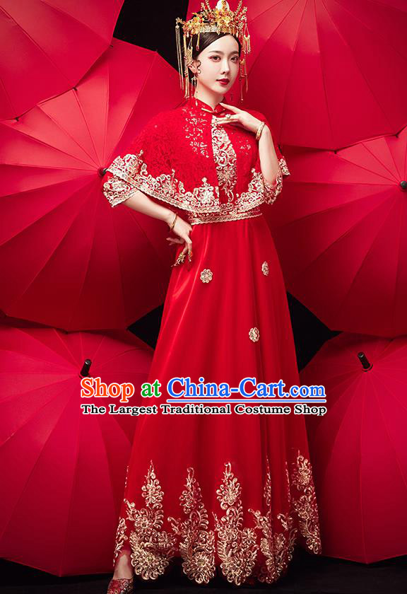 Chinese Ancient Bride Embroidered Red Veil Blouse and Dress Traditional Xiu He Suit Wedding Costumes for Women