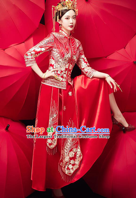 Chinese Ancient Bride Embroidered Flowers Red Blouse and Dress Traditional Xiu He Suit Wedding Costumes for Women