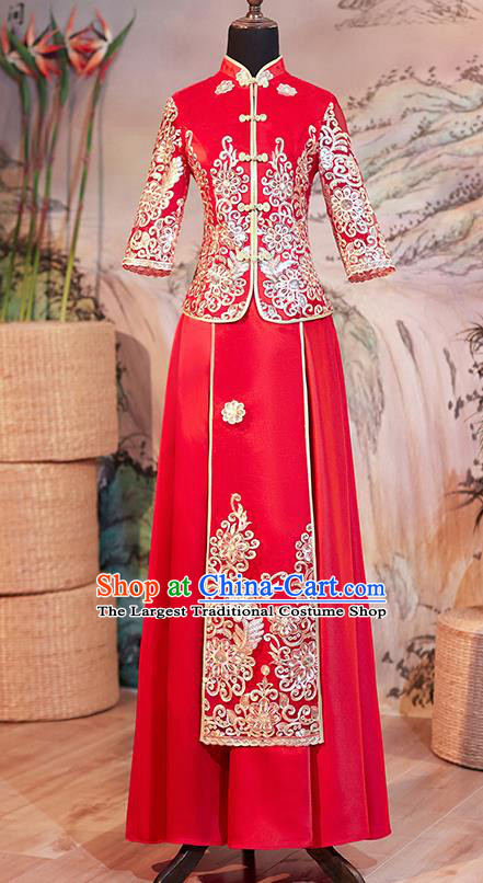 Chinese Ancient Bride Embroidered Red Blouse and Dress Traditional Xiu He Suit Wedding Costumes for Women