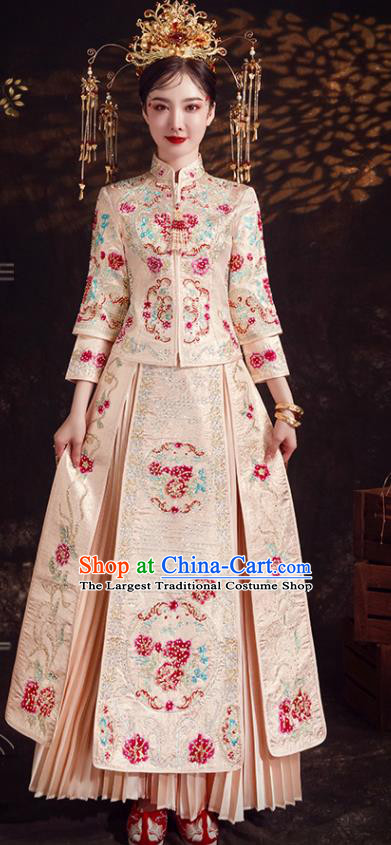 Chinese Ancient Bride Embroidered Diamante Peony Champagne Xiu He Suit Wedding Costumes Blouse and Dress Traditional Bottom Drawer for Women