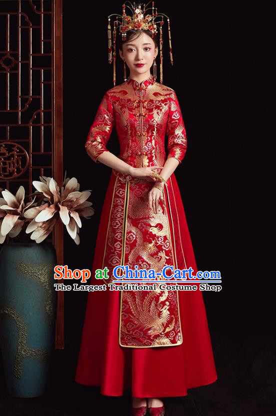 Chinese Ancient Bride Embroidered Dragon Phoenix Red Dress Traditional Xiu He Suit Wedding Costumes for Women