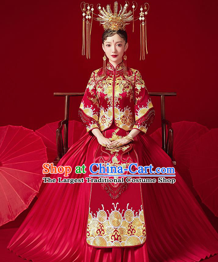 Chinese Ancient Bride Embroidered Peony Red Blouse and Dress Traditional Red Xiu He Suit Wedding Costumes for Women