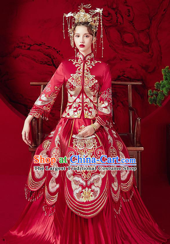 Chinese Ancient Embroidered Red Blouse and Dress Traditional Bride Red Xiu He Suit Wedding Costumes for Women