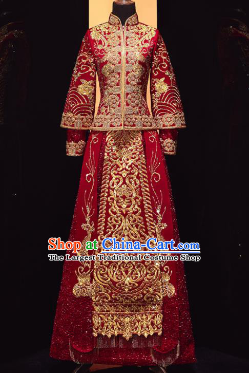 Chinese Traditional Drilling Red Xiu He Suit Wedding Embroidered Blouse and Dress Bottom Drawer Ancient Bride Costumes for Women