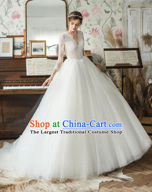 Custom Top Grade White Lace Wedding Dress Bride Trailing Full Dress for Women