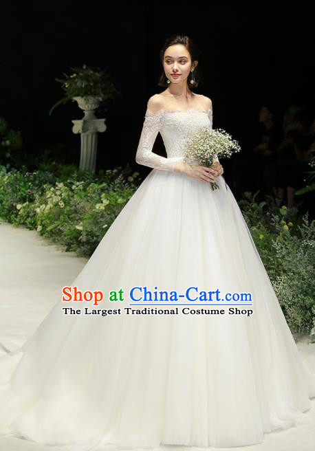 Custom Top Grade White Lace Off Shoulder Wedding Dress Bride Trailing Full Dress for Women