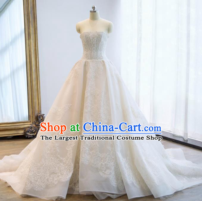 Custom Top Grade Sicily Embroidered Beads Wedding Dress Bride Strapless Full Dress for Women