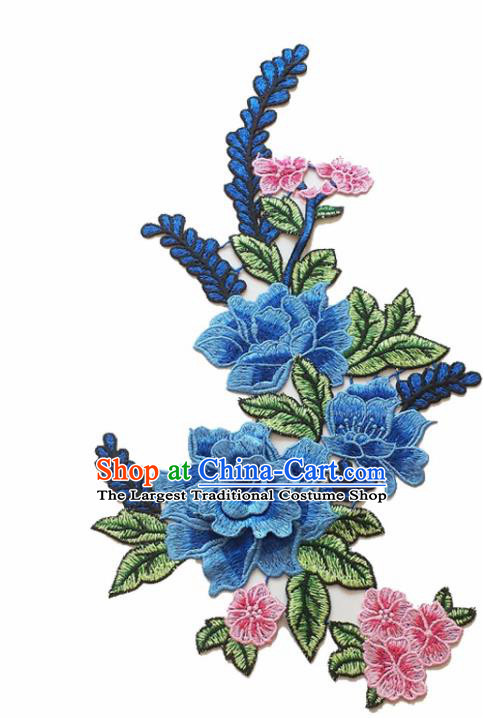 Chinese Traditional Embroidery Blue Peony Applique Embroidered Patches Embroidering Cloth Accessories