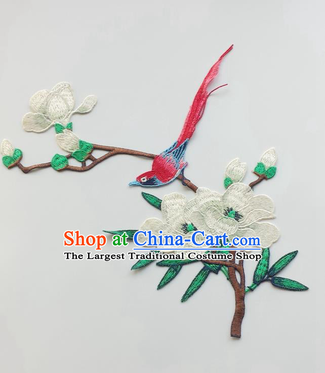 Chinese Traditional Embroidery White Yulan Magnolia Bird Applique Embroidered Patches Embroidering Cloth Accessories