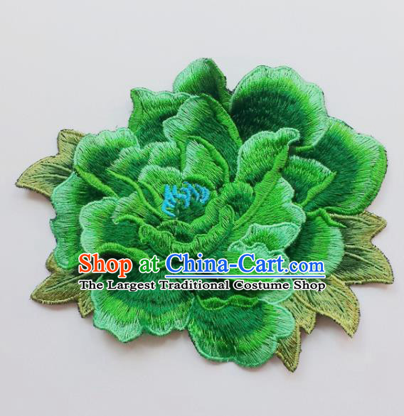 Chinese Traditional Embroidery Green Peony Flowers Applique Embroidered Patches Embroidering Cloth Accessories