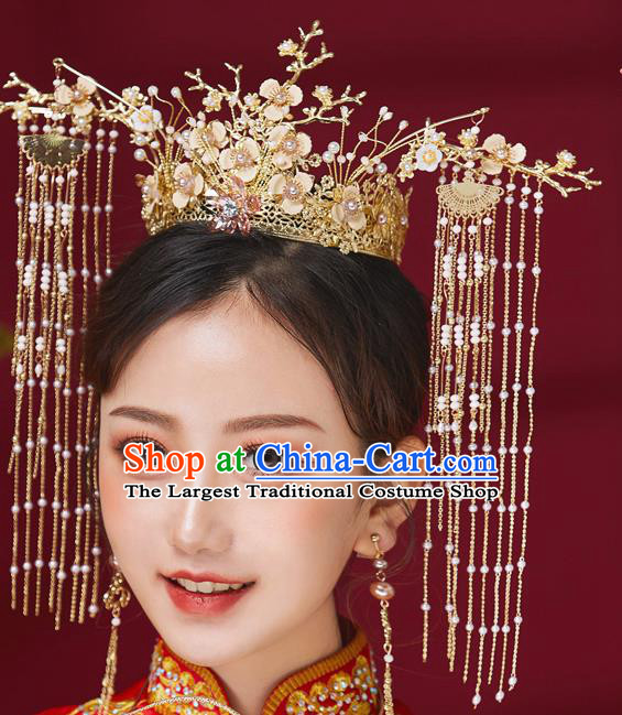 Chinese Ancient Bride Silk Flowers Phoenix Coronet Hairpins Traditional Wedding Xiu He Hair Accessories Complete Set for Women