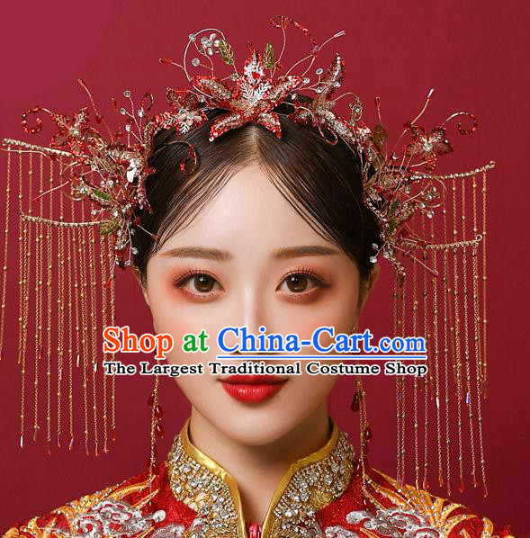 Chinese Ancient Bride Red Beads Phoenix Coronet Tassel Hairpins Traditional Wedding Xiu He Hair Accessories Complete Set for Women