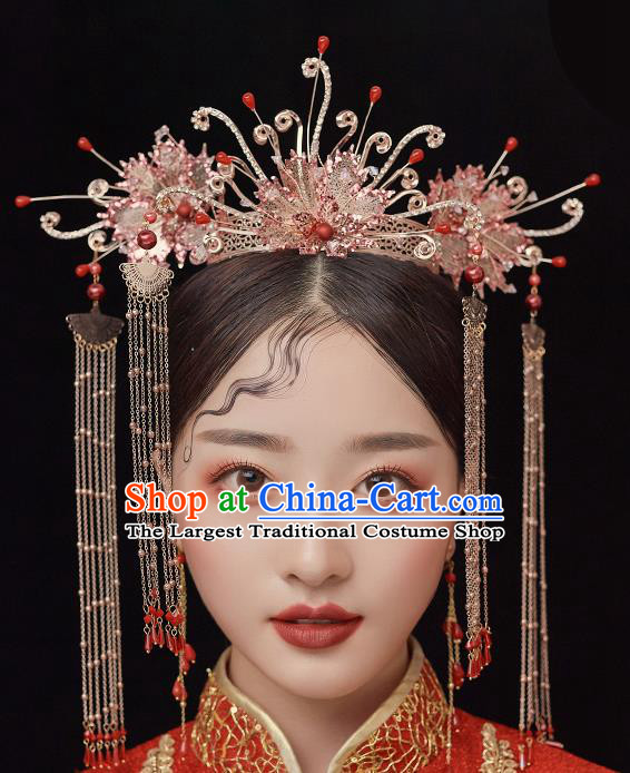 Chinese Ancient Bride Phoenix Coronet Tassel Hairpins Traditional Wedding Xiu He Hair Accessories Complete Set for Women