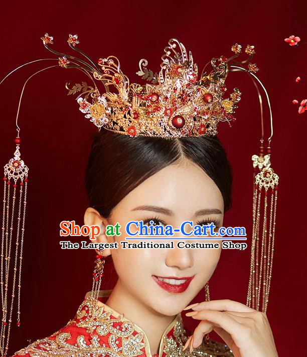 Chinese Ancient Bride Tassel Phoenix Coronet Hairpins Traditional Wedding Xiu He Hair Accessories Complete Set for Women