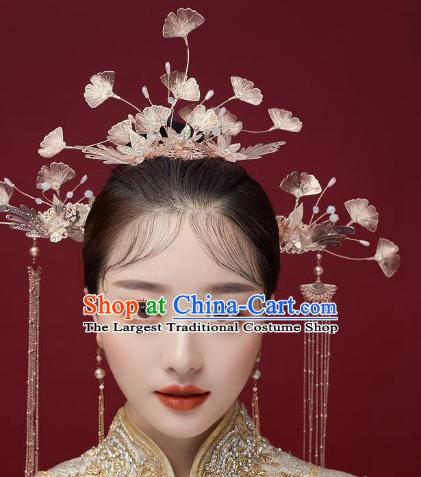 Chinese Ancient Bride Ginkgo Leaf Hair Crown Tassel Hairpins Traditional Wedding Xiu He Hair Accessories Complete Set for Women