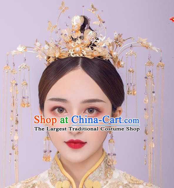 Chinese Ancient Bride Tassel Hairpins Golden Butterfly Phoenix Coronet Traditional Wedding Xiu He Hair Accessories Complete Set for Women