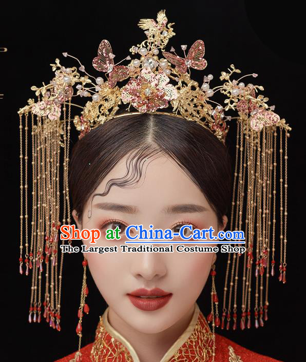 Chinese Ancient Bride Butterfly Crane Phoenix Coronet Tassel Hairpins Traditional Wedding Xiu He Hair Accessories Complete Set for Women