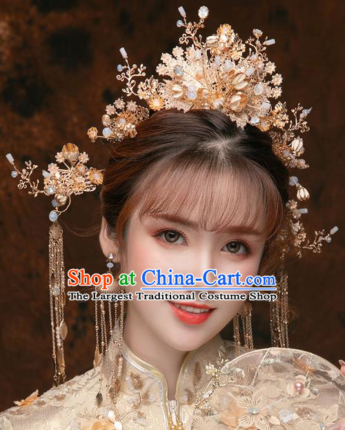 Chinese Ancient Bride Golden Hair Crown Tassel Hairpins Traditional Wedding Xiu He Hair Accessories Complete Set for Women