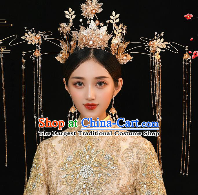 Chinese Ancient Bride Deluxe Golden Leaf Phoenix Coronet Tassel Hairpins Traditional Wedding Xiu He Hair Accessories Complete Set for Women