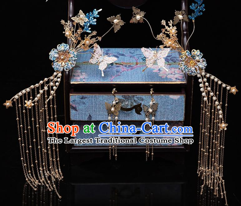 Chinese Ancient Bride Blue Crystal Tassel Hairpins Traditional Wedding Xiu He Hair Accessories Complete Set for Women