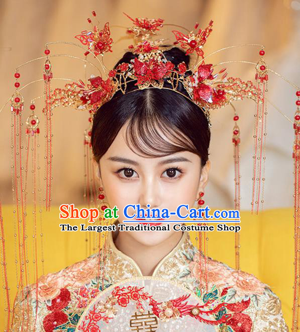 Chinese Ancient Bride Red Butterfly Phoenix Coronet Tassel Hairpins Traditional Wedding Xiu He Hair Accessories Complete Set for Women