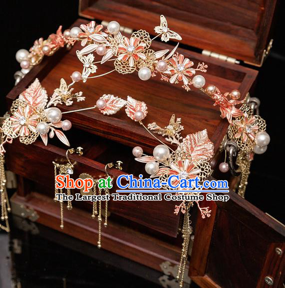 Chinese Ancient Bride Pink Leaf Hair Clasp Tassel Hairpins Traditional Wedding Xiu He Hair Accessories Complete Set for Women