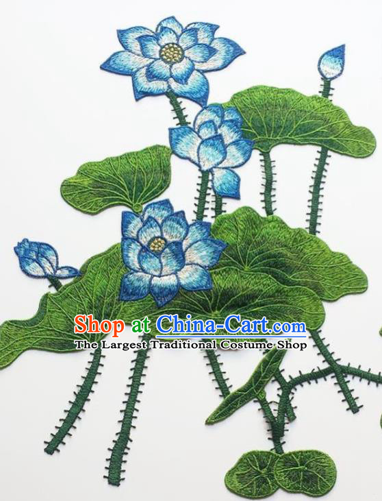 Traditional Chinese Embroidery Blue Lotus Applique Embroidered Patches Embroidering Cloth Accessories