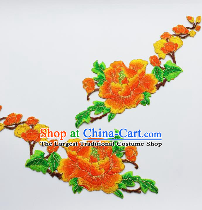 Traditional Chinese National Embroidery Orange Peony Applique Embroidered Patches Embroidering Cloth Accessories