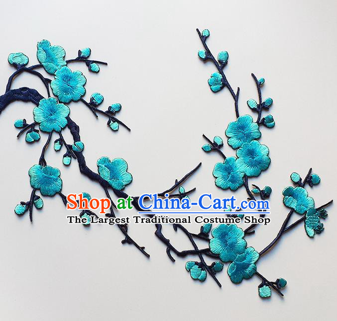 Traditional Chinese National Embroidery Lake Blue Plum Flowers Applique Embroidered Patches Embroidering Cloth Accessories