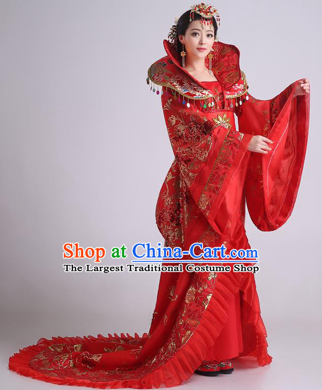 Chinese Ancient Tang Dynasty Imperial Consort Red Trailing Dress Traditional Hanfu Goddess Classical Dance Costumes for Women