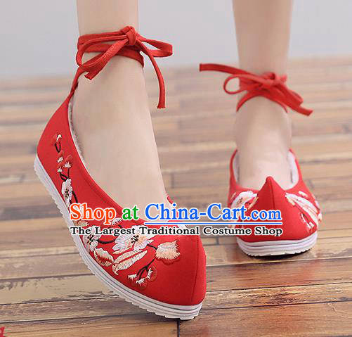 Chinese Handmade Embroidered Plum Red Cloth Shoes Traditional Hanfu Shoes National Shoes for Women