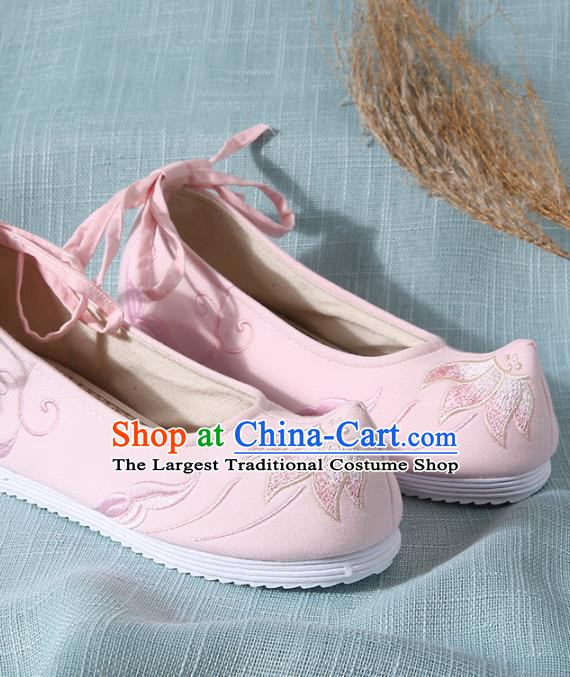 Chinese Handmade Embroidered Lotus Pink Cloth Shoes Traditional Hanfu Shoes National Shoes for Women