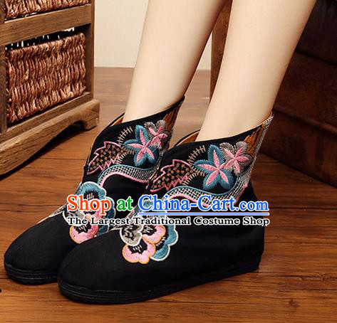 Chinese Handmade Embroidered Black Boots Traditional Hanfu Shoes National Shoes for Women