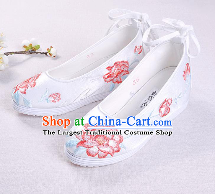 Chinese Handmade Opera Embroidered Peony White Shoes Traditional Hanfu Shoes National Shoes for Women