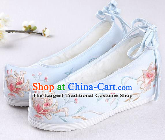 Chinese Handmade Opera Winter Blue Embroidered Shoes Traditional Hanfu Shoes National Shoes for Women